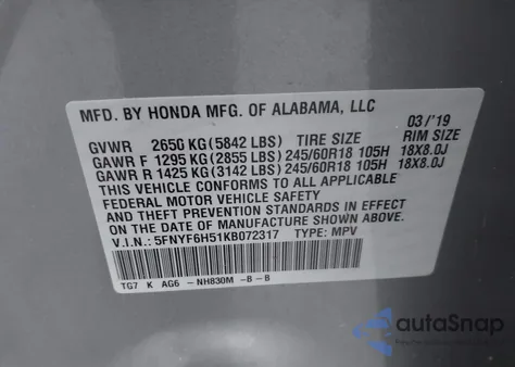 2019 Honda Pilot Ex-L z USA, uszkodzony, nr VIN 5FNYF6H51KB072317